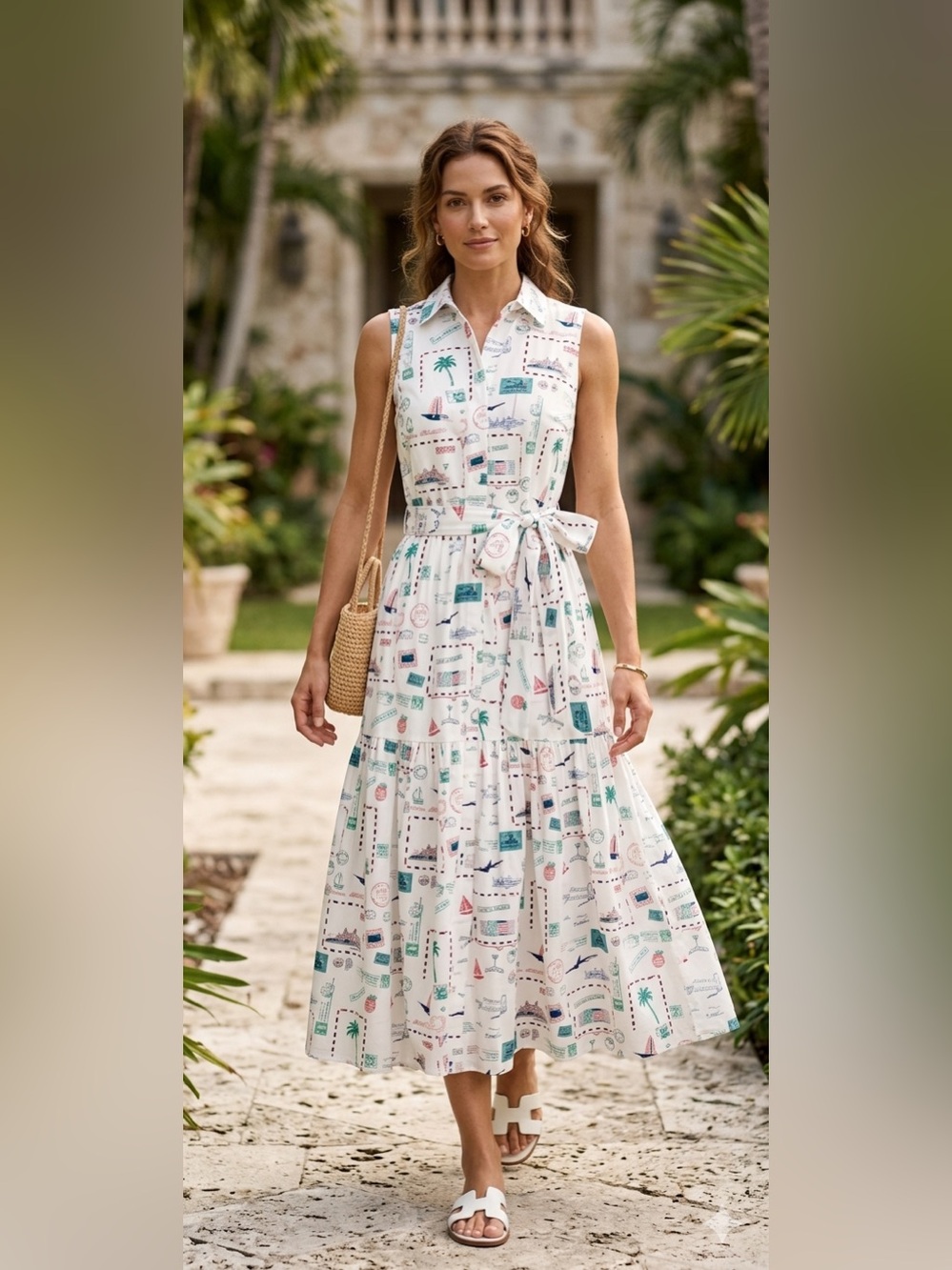 J.Crew Postcard Print Sleeveless Midi Shirt Dress Button Front Tiered Skirt Belt